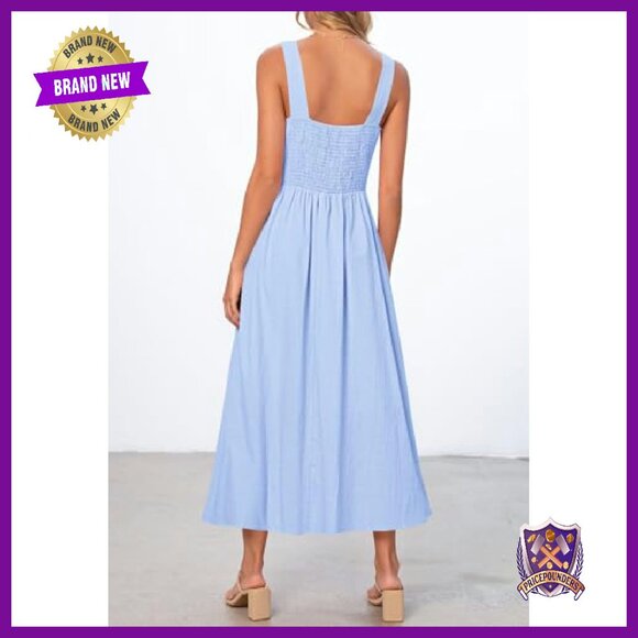 Sleeveless Midi Dress Square Neck Smocked Back A-Line Summer - Picture 4 of 8